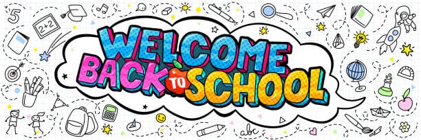 Concept of education. School background with hand drawn school supplies and comic speech bubble with Welcome Back to School lettering in pop art style on white.