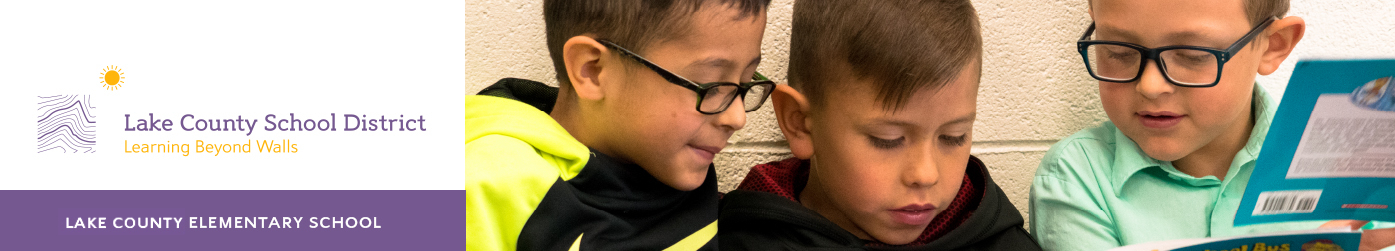 "Lake County School District" text with three students on the right reading a book.