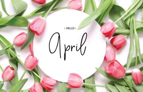 "Hello April" text with flowers spread around it.
