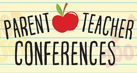 "Parent Teacher Conferences" text with an apple in the middle.