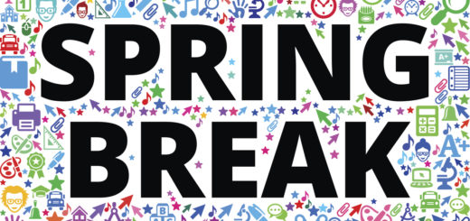 "Spring Break" text overlaid on a background featuring random images such as scissors, pens, a computer mouse, etc.