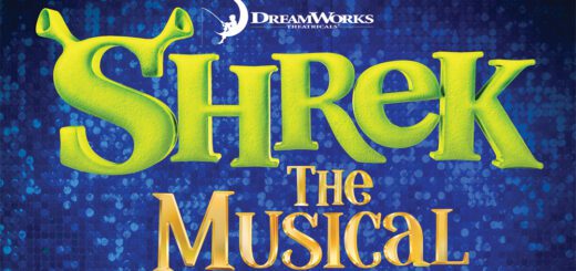 "Shrek the Musical" text with DreamWorks Theater logo overlaid.