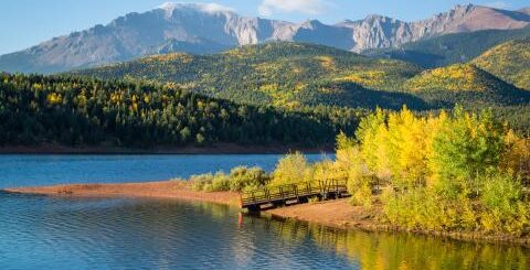 Mountain landscape with aspen trees and a lake or water body beneath it.