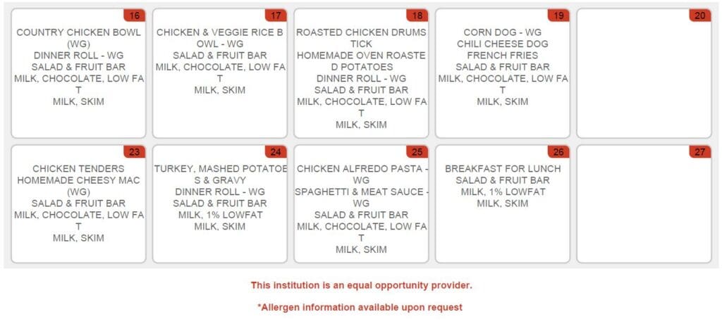 LCHS February Menus