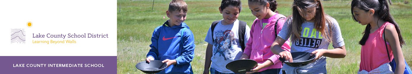 "Lake County School District" text accompanied by an image of students panning for gold.