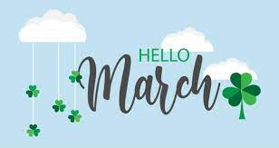 "Hello March" text with clover flowers placed next to the text.