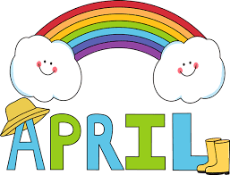 "April" text with a rainbow and smiling clouds above.