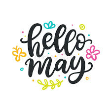Hello May text with flowers hovering around it.