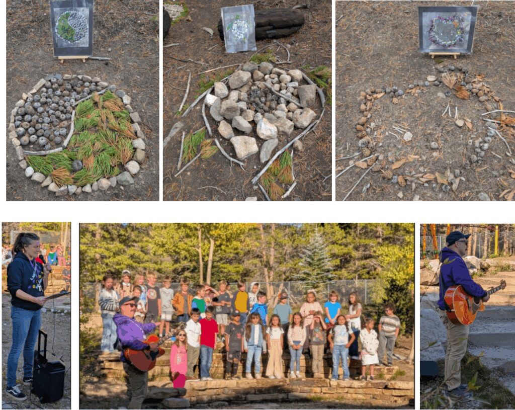 artwork made of rocks sticks and leaves, students performing, the art teacher, and the music teacher.