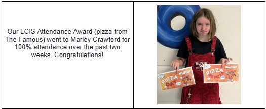 attendance award piza certificate for Marley Crawford