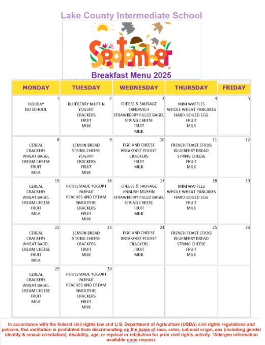 September Breakfast menu