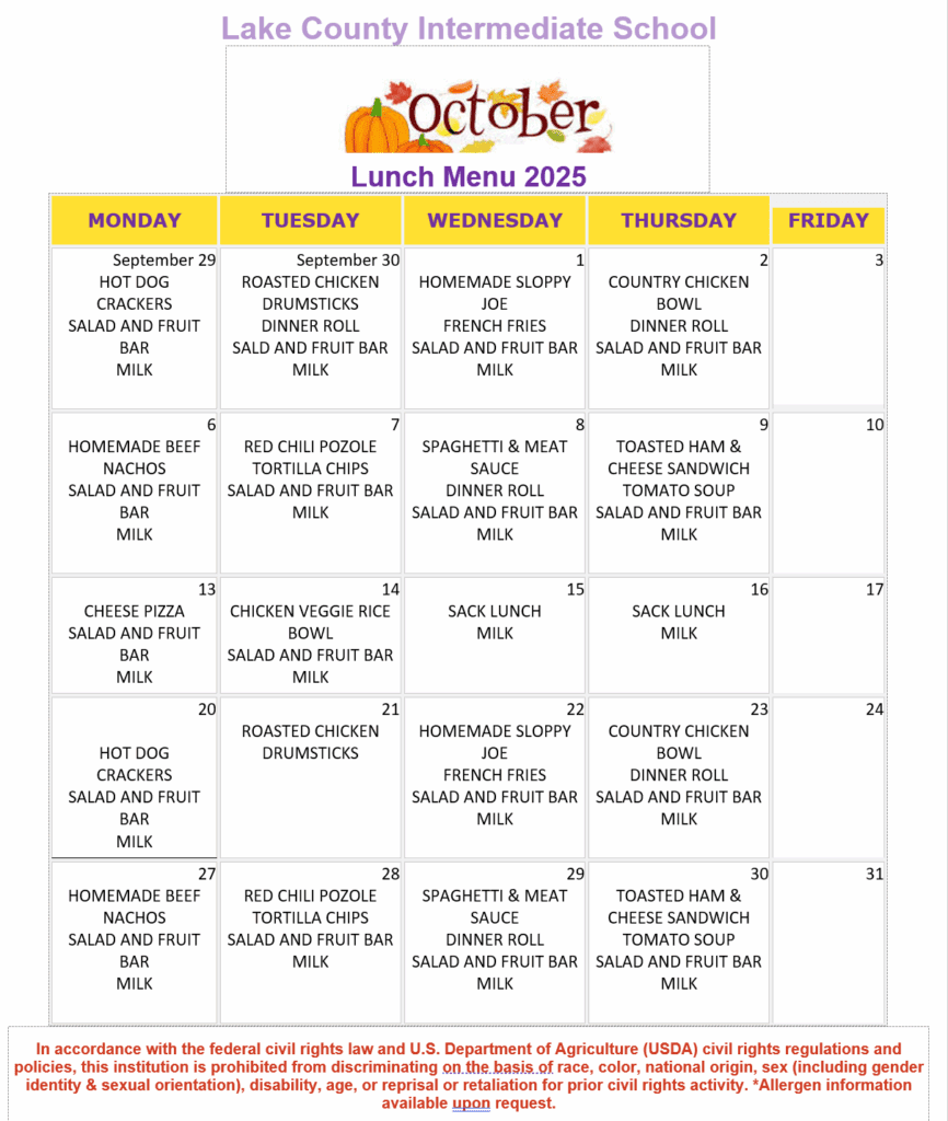 October lunch menut LCIS