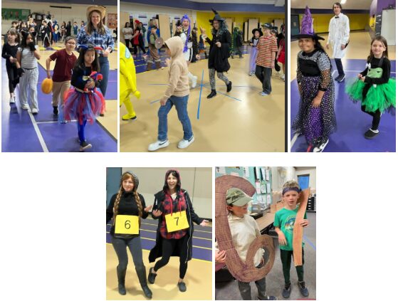 staff and children wearing costumes celebrating Halloween in the gymnasium at LCIS