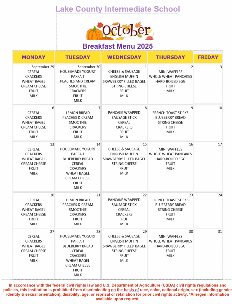 LCIS October Breakfast Menu