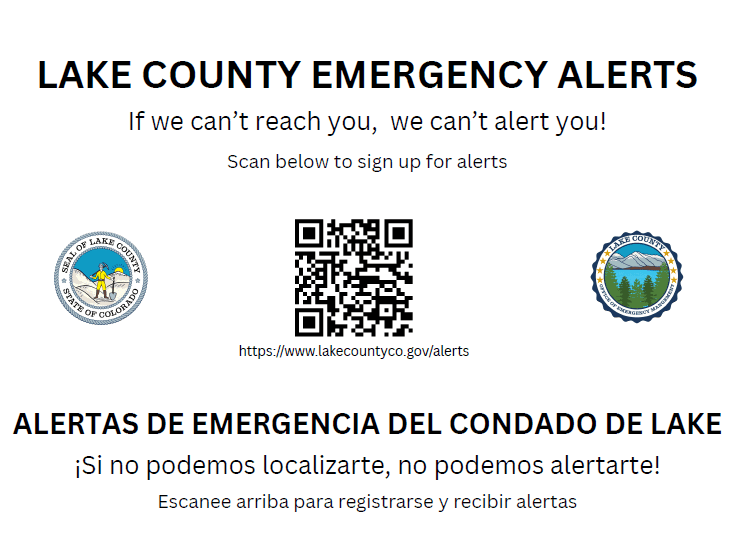 siign up for emergency alerts in Lake County using the QR code. flyer is in English and Spanish