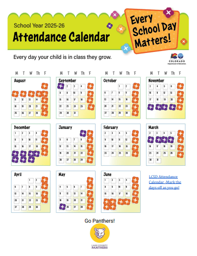 Attendance Matters Calender for 2025-2026 School year English