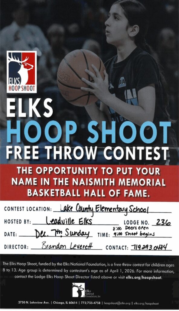 Elk's Hoop Shoot Flyer. Free throw contest at Lake County Elementary School Dec. 7th 8am. English version.