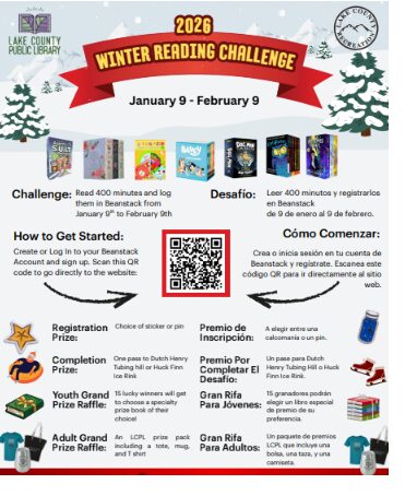 Lake County Public Library Winter reading Challenge January 9-February 9. QR code to register. Prizes for youth and adults.