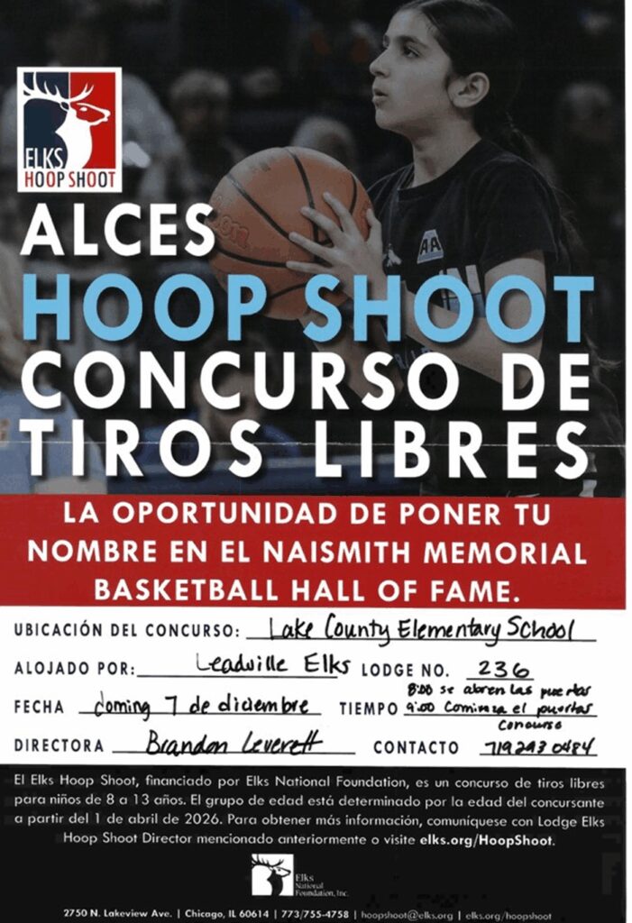 Elk's Hoop Shoot Flyer. Free throw contest at Lake County Elementary School Dec. 7th 8am. Spanish version.