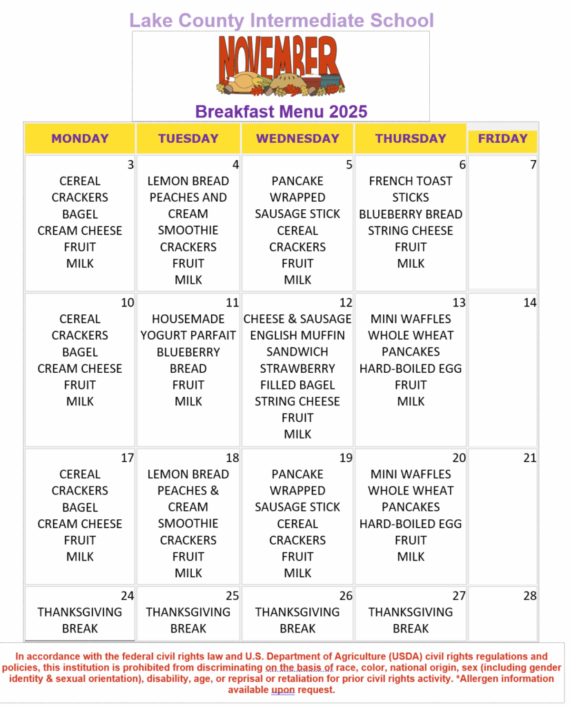 November 2025 LCIS Breakfast Menu
