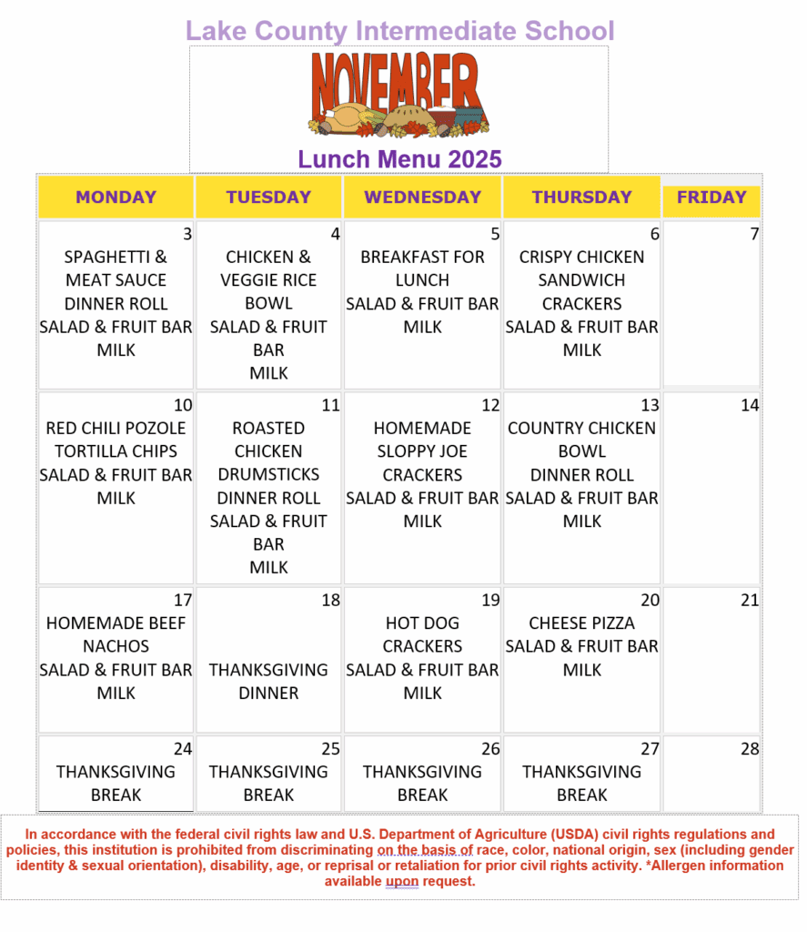 November 2025 LCIS Lunch Menu