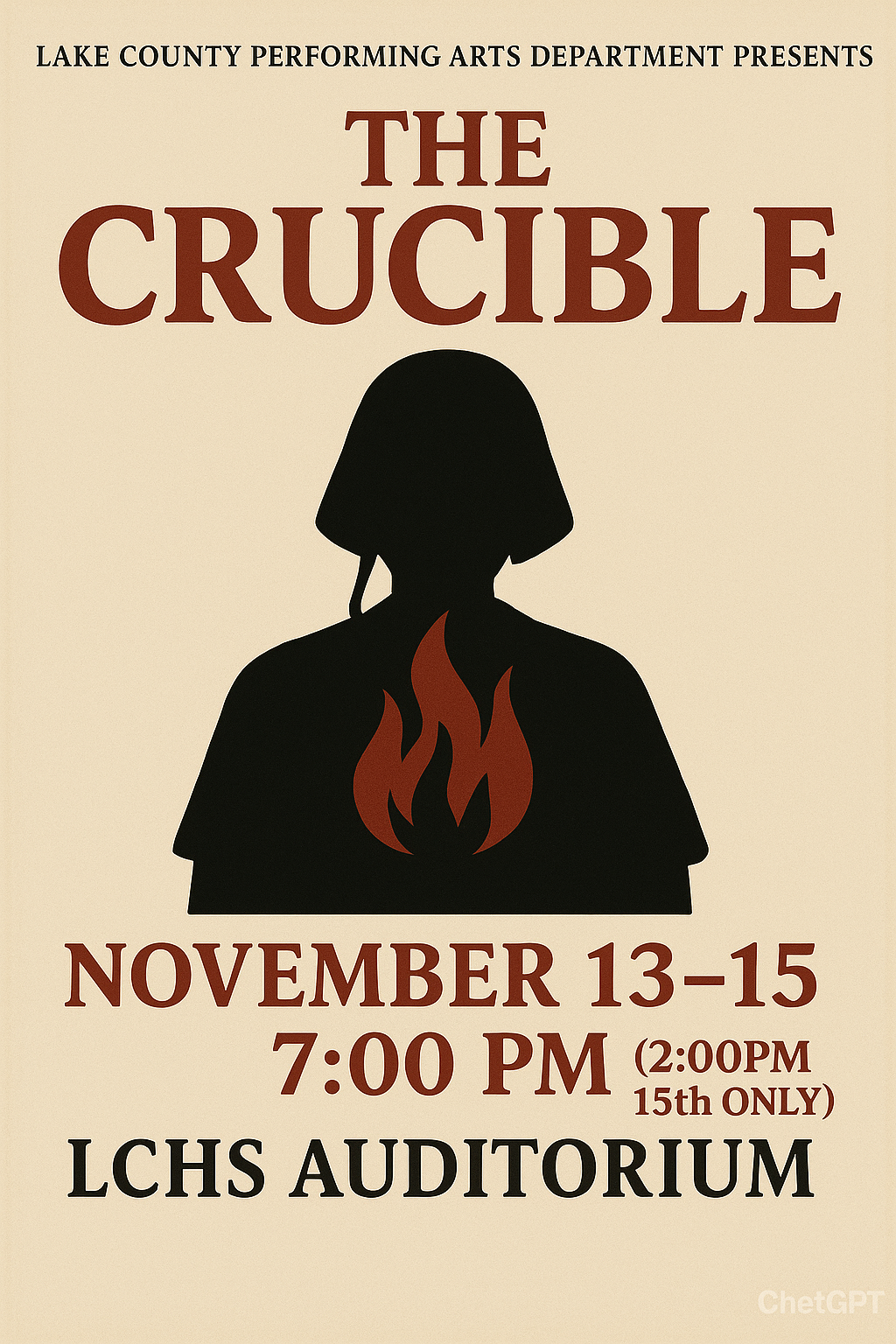 flyer for LCHS performance of The Crucible November 13-15 at 7pm with a matinee performance on November 15 at 2 pm