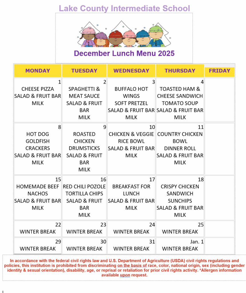 LCIS lunch Menu December 2025