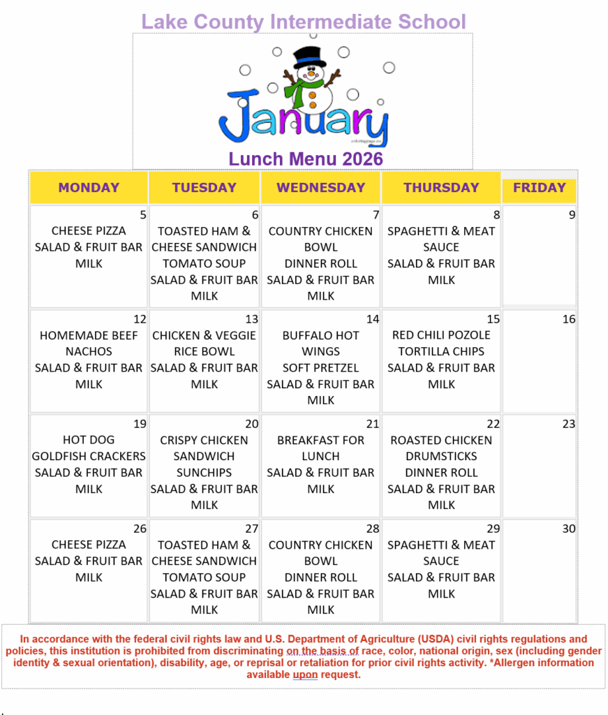 LCIS January Lunch menu