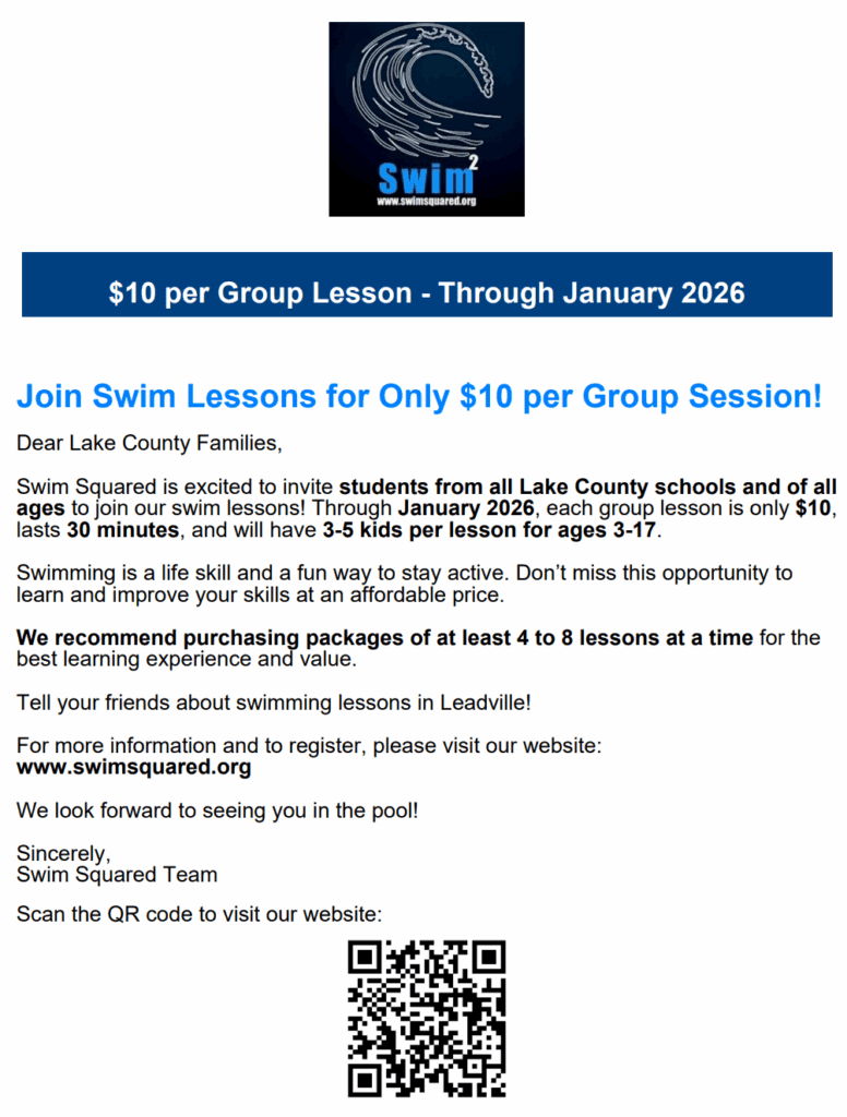 Group swim lessons at Swim Squared for $10 per group lesson English flyer
