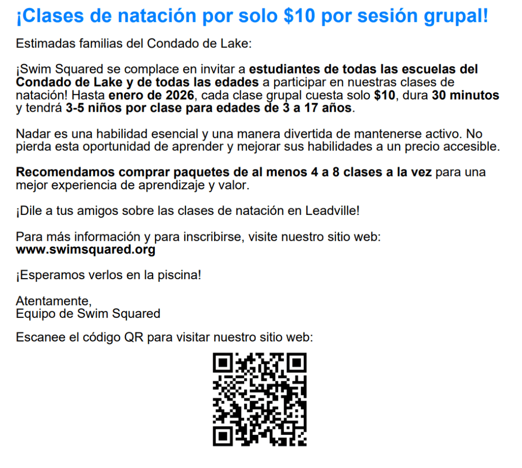 Swim Squared flyer for group lessons Spanish
