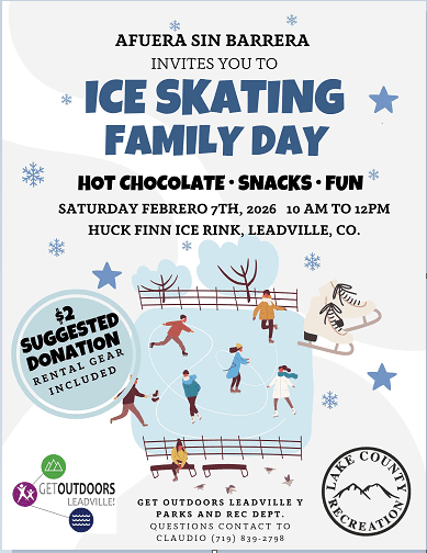 Family Ice Skating Day Saturday, February 7 from 10am to 2pm at Huck Finn Ice Rink. English flyer.