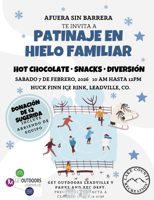 Family Ice Skating Day Saturday, February 7 from 10am to 2pm at Huck Finn Ice Rink. Spanish flyer.