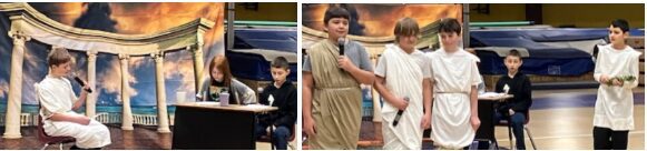 pictures of students presenting a skit about Athens and Sparta.