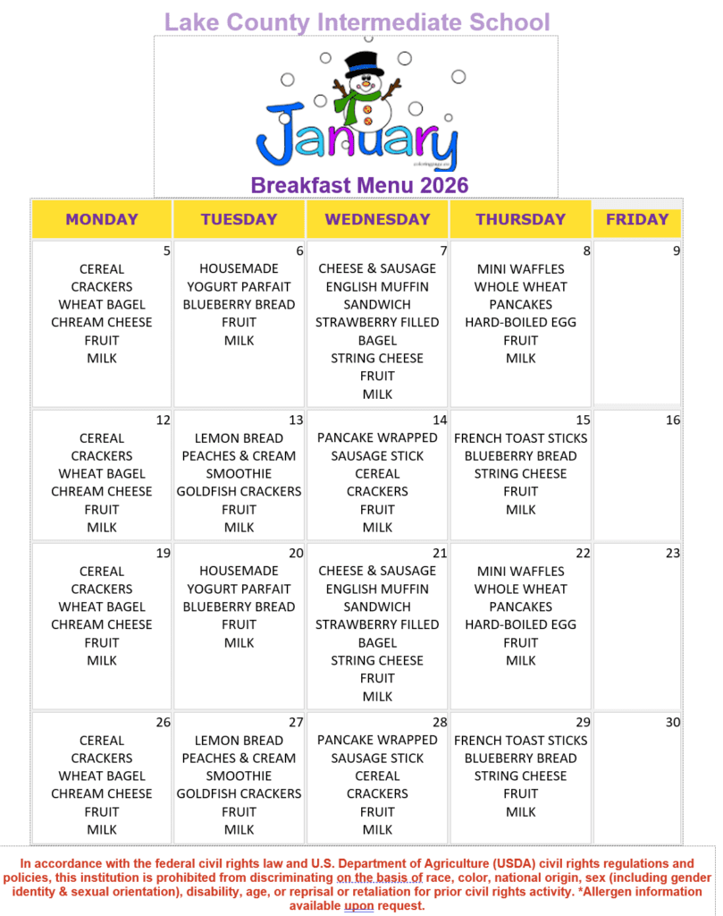 January 2026 Breakfast menu for LCIS