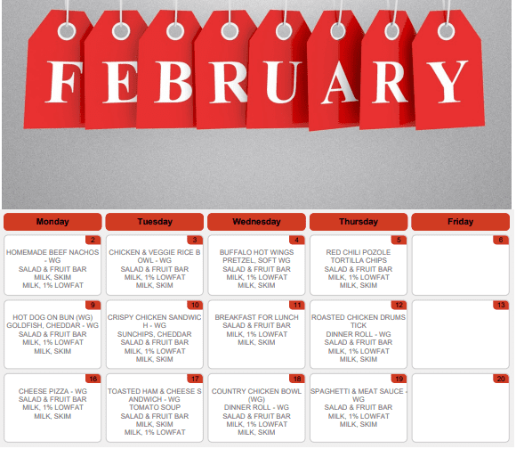 LCIS February Lunch Menu