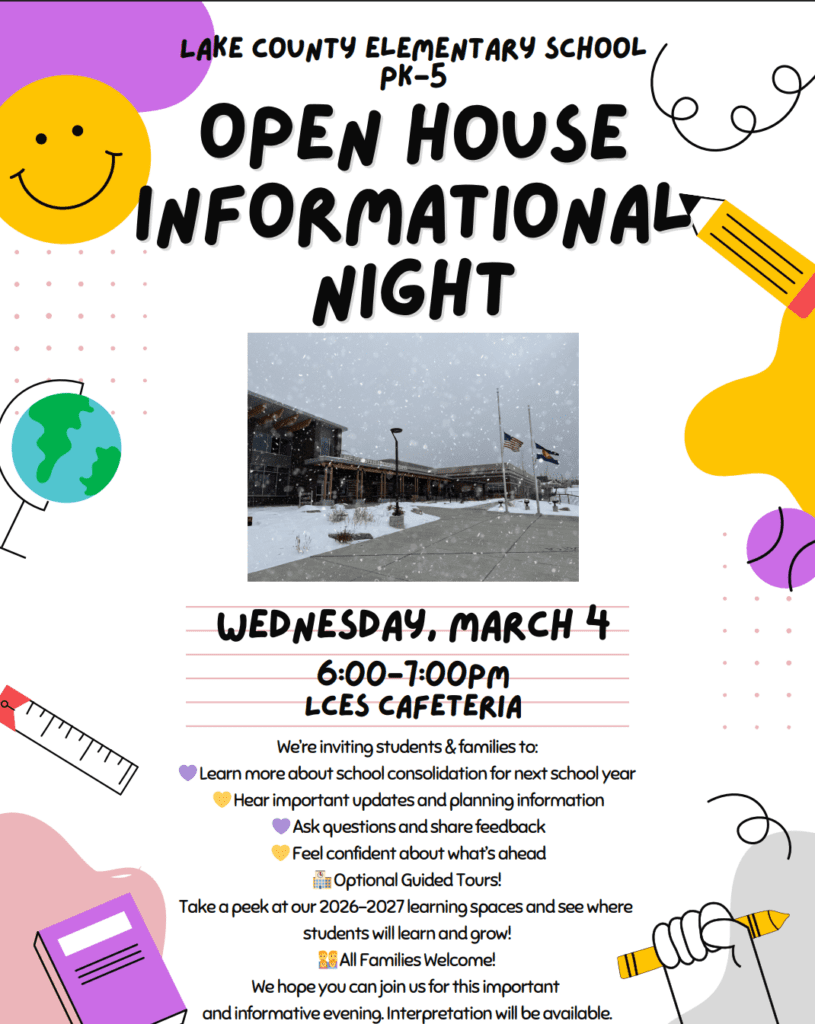 LCES Open House Information Night PK-5th grade on Wednesday, March 4 from 6-7pm English flyer