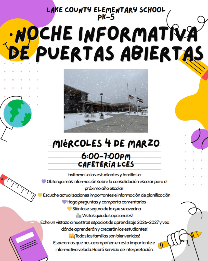 LCES Open House Information Night PK-5th grade on Wednesday, March 4 from 6-7pm English flyer