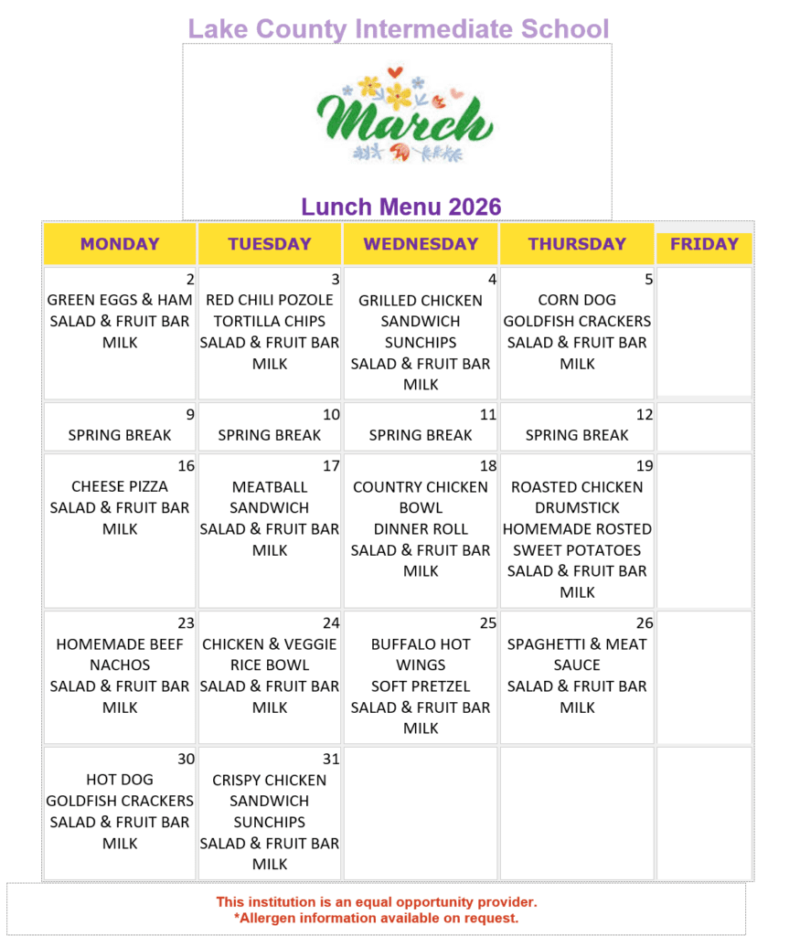 LCIS March Lunch menu