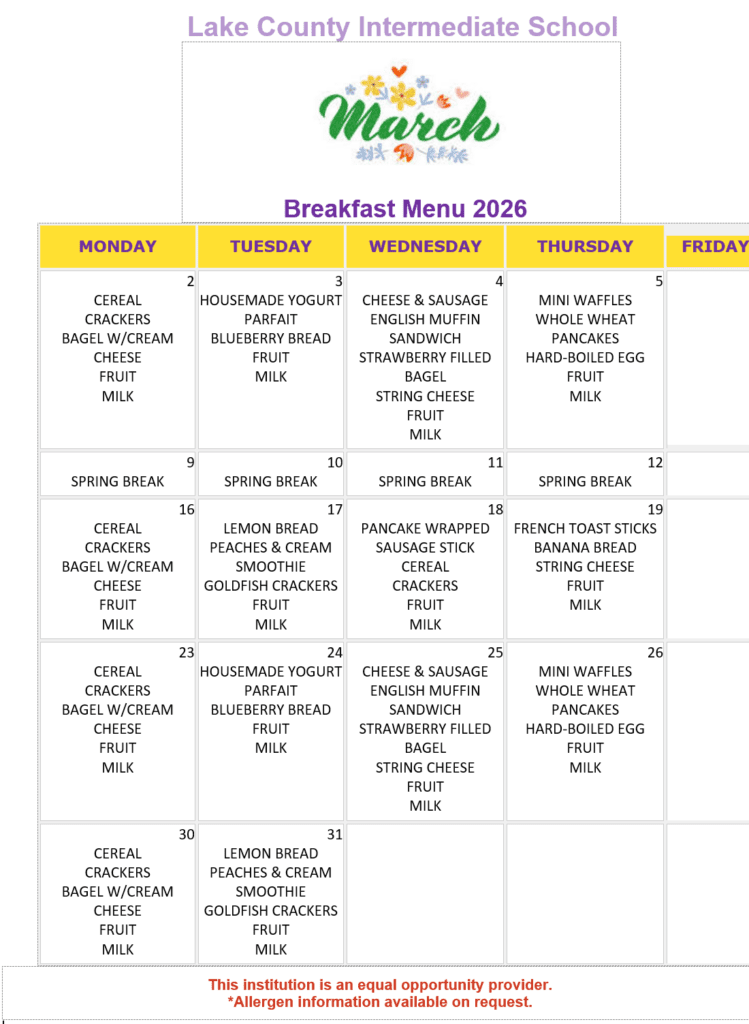 LCIS March Breakfast menu