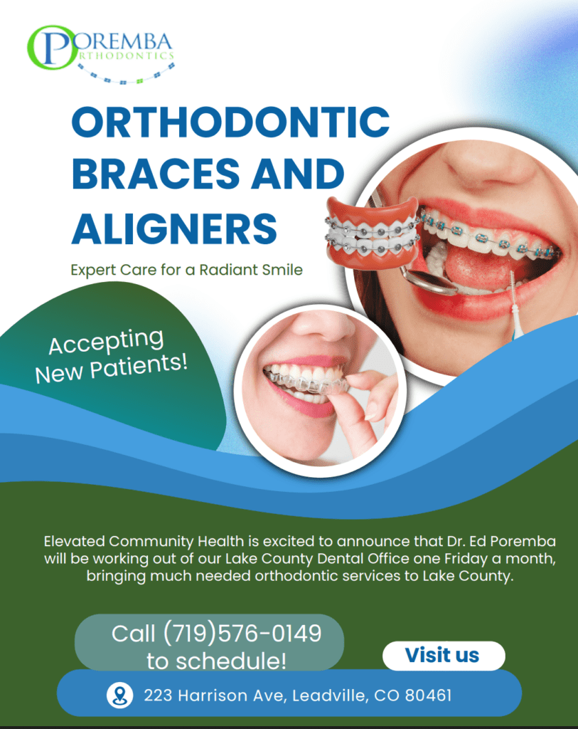 Orthodontics flyer in English for Elevated Community Health 719-576-0149