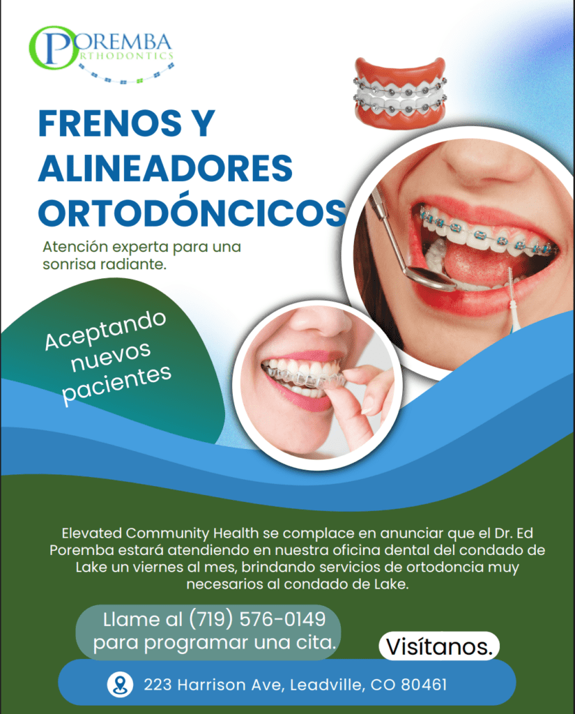Orthodontics flyer in Spanish for Elevated Community Health 719-576-0149