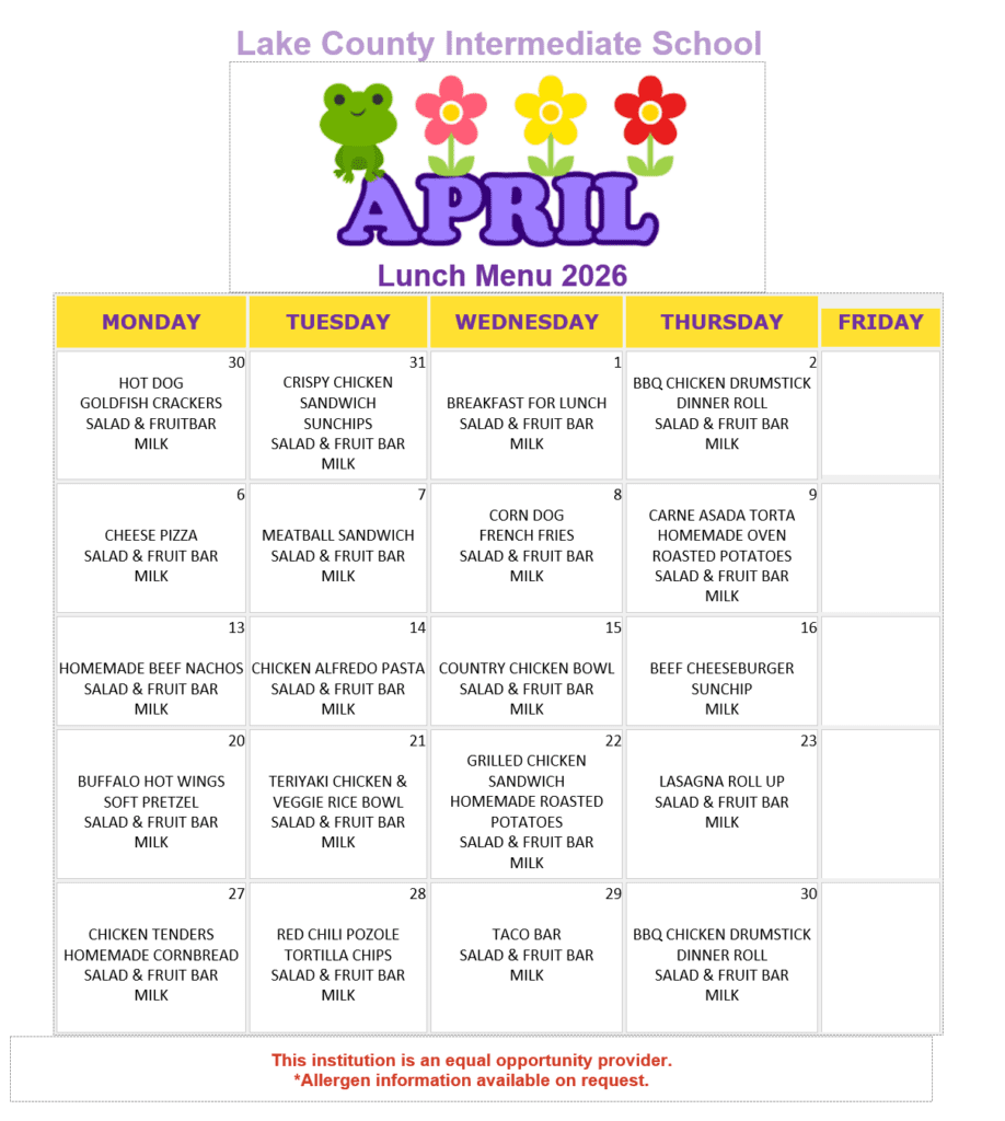 April Lunch Menu