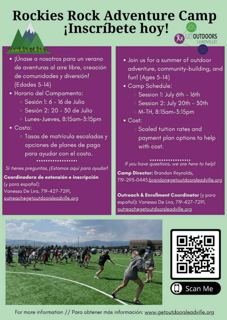 Rockies Rock Adventure Camp registration information. 
Call Vanessa De Lira 719-427-7291 for spanish
Call Brandon Reynolds 719-293-0445 for English 