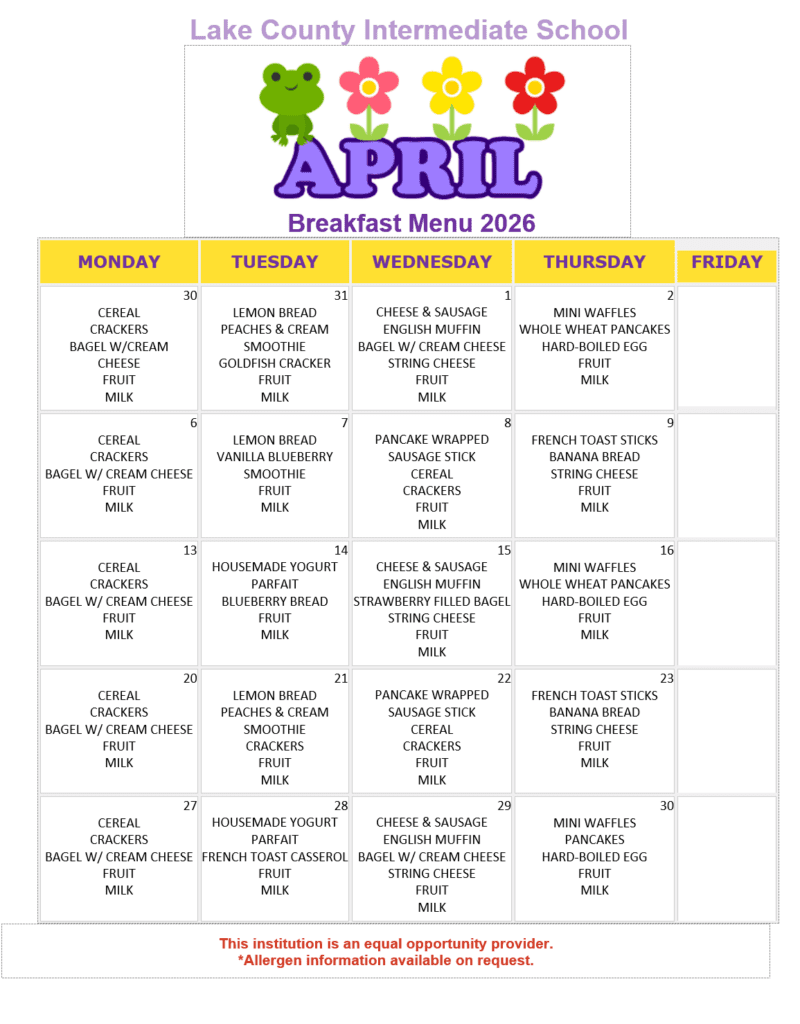 LCIS April Breakfast menu