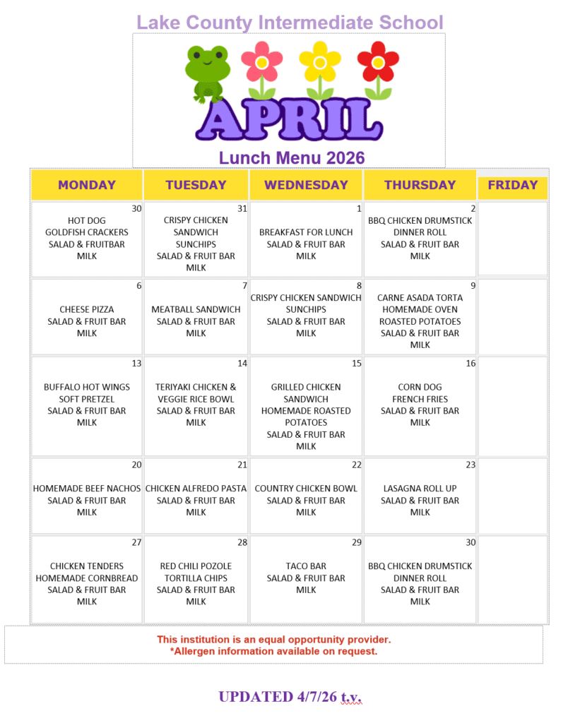 LCIS April 2026 Lunch Menu