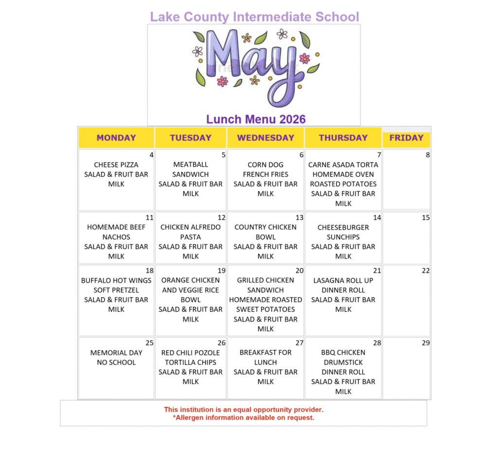 LCIS Lunch Menu 2026