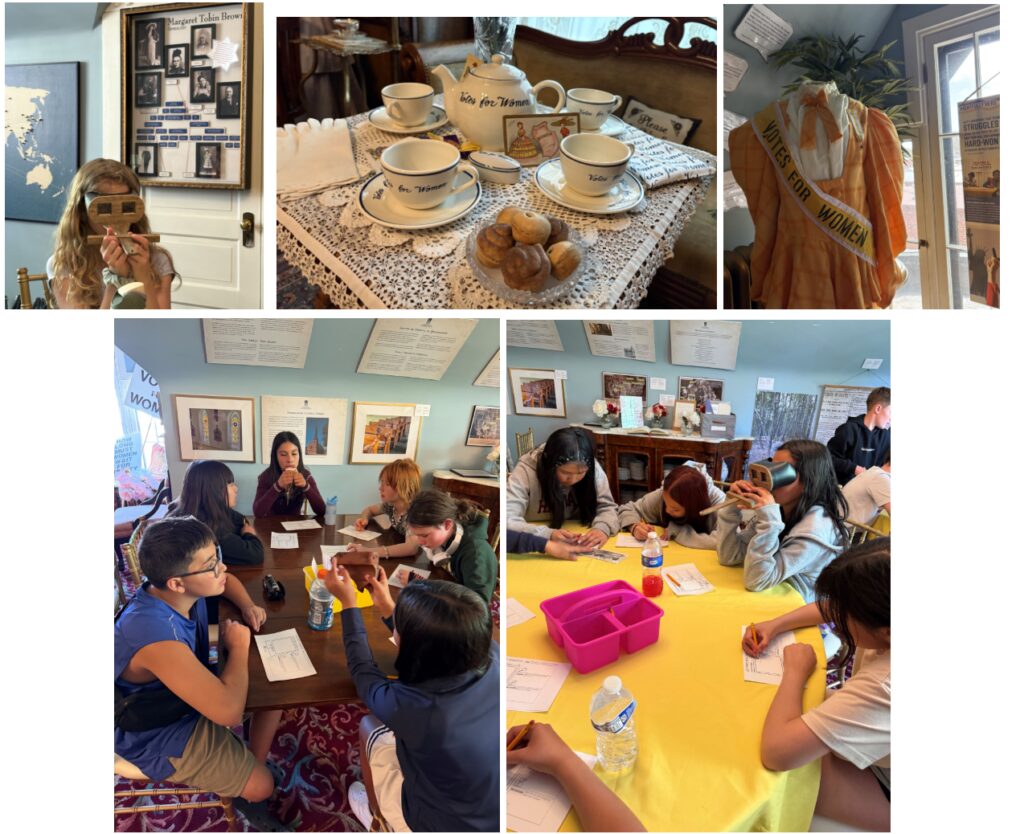 Photos of students and artifacts at the Molly Brown House Museum in Denver.