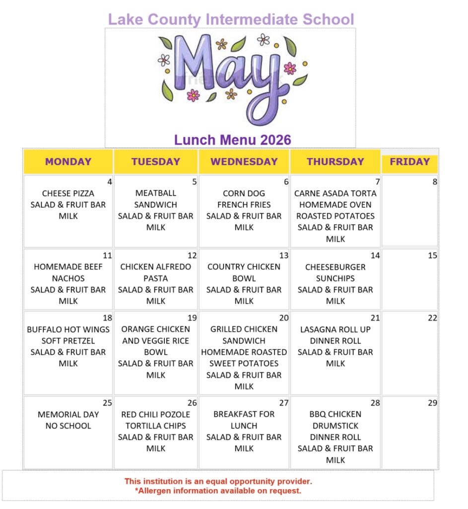LCIS May 2026 lunch menu