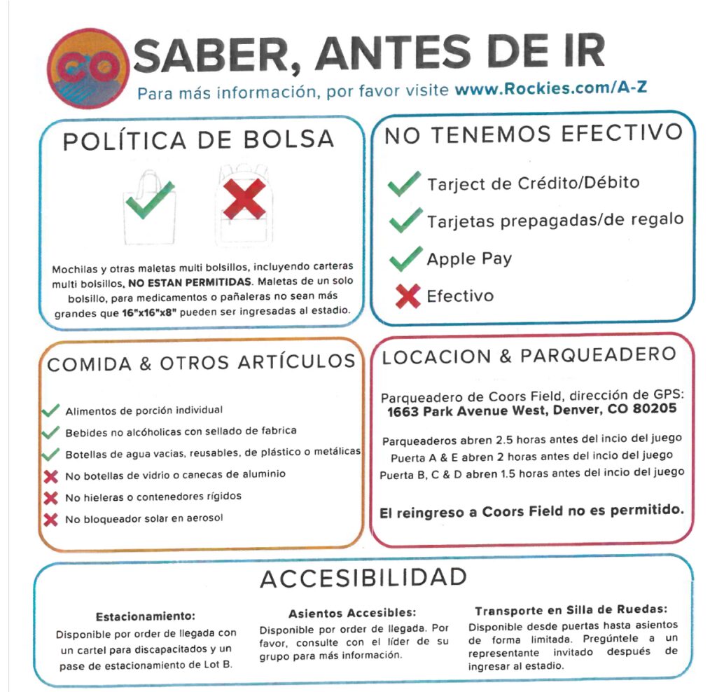 Know before you go Rockies Game Flyer in Spanish