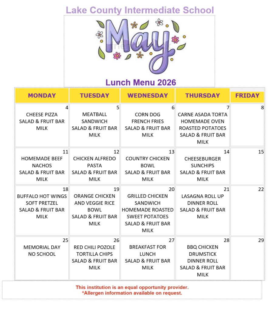 LCIS May 2026 lunch menu